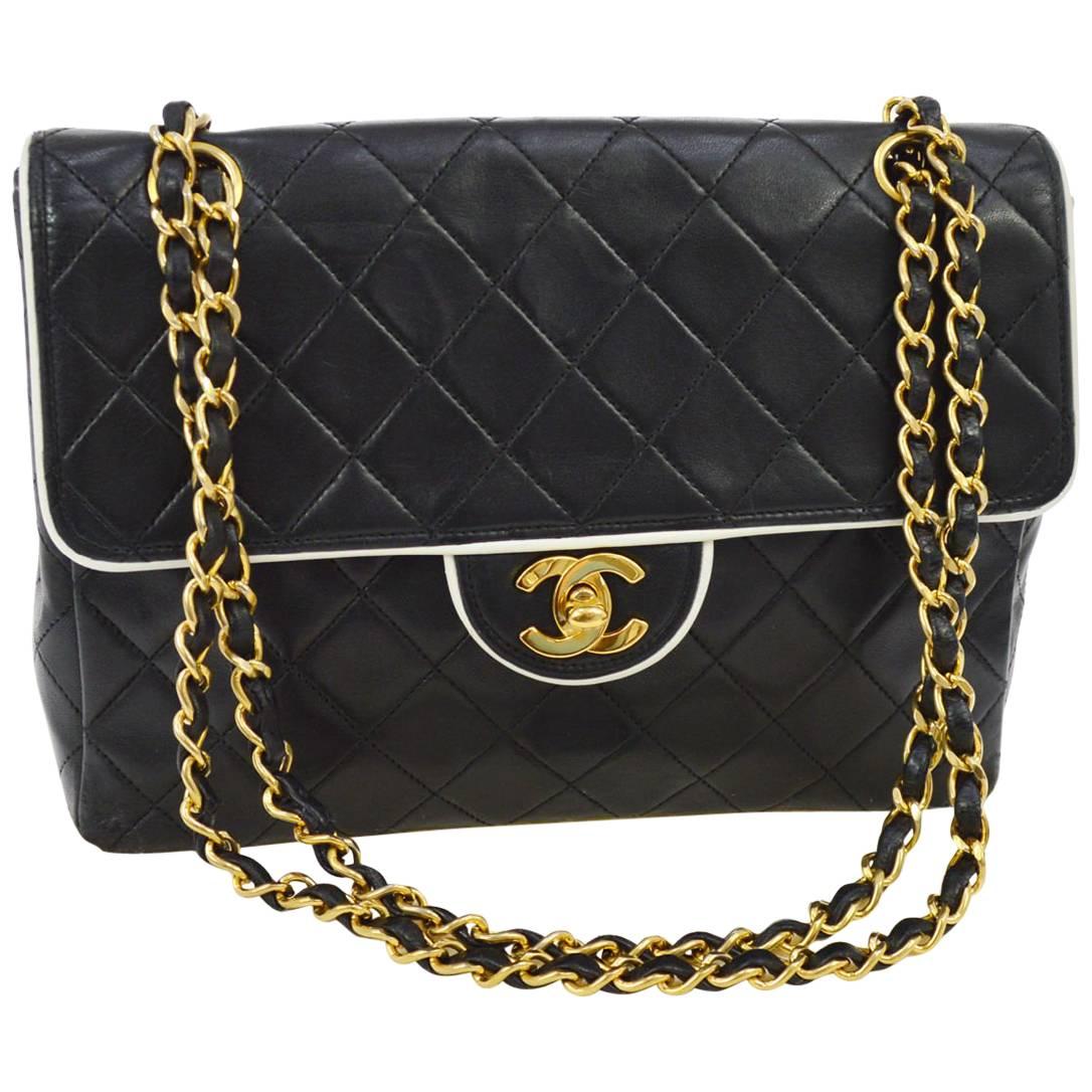 Chanel Vintage Black White Piping Gold Evening Shoulder Flap Bag