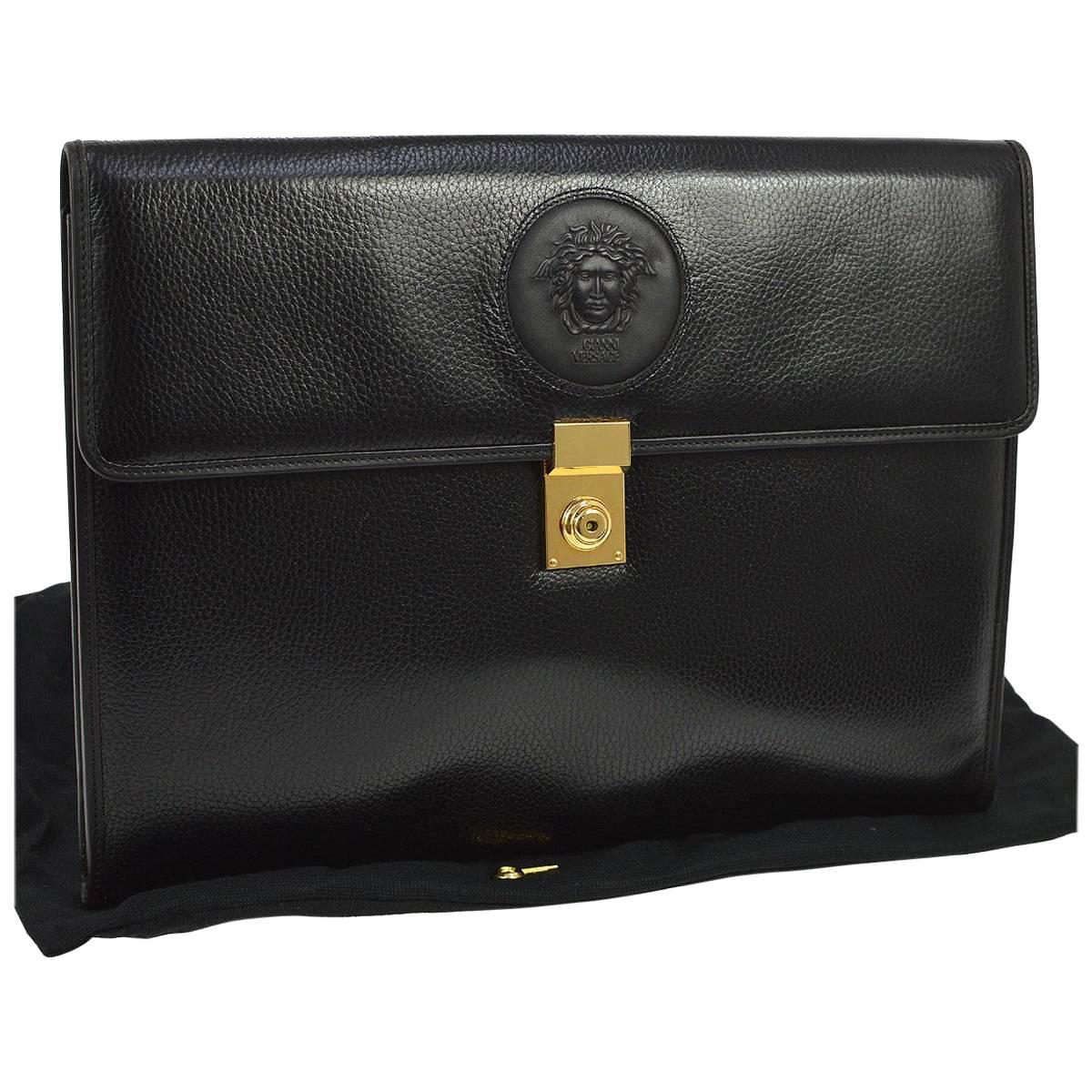 Versace Medusa Head Black Leather Envelope Evening Flap Clutch Bag with Key