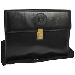 Vintage Versace Medusa Head Black Leather Envelope Evening Flap Clutch Bag with Key