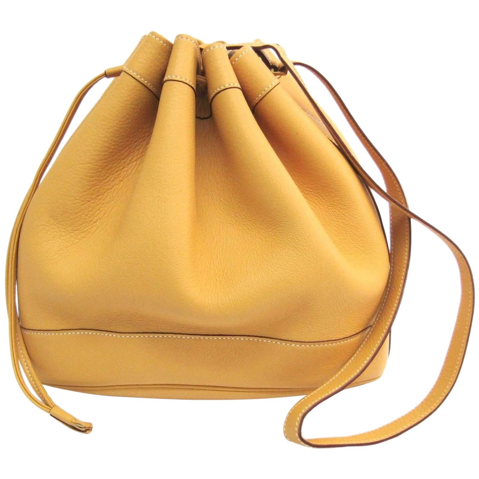 Hermes Vintage Mustard Yellow Leather Bucket Drawstring Carryall Shoulder Bag