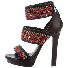 Alexander McQueen New Black Leather Coral Bead Gold Metal Sandals Heels in Box