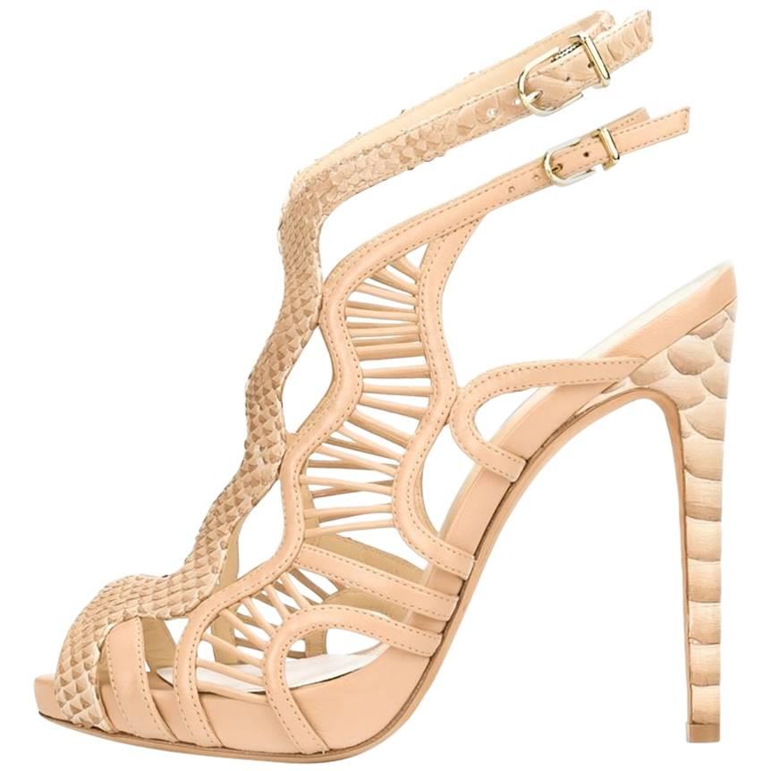 Alexandre Birman New Nude Leather Snakeskin Python Cut Out Heels Sandals in Box