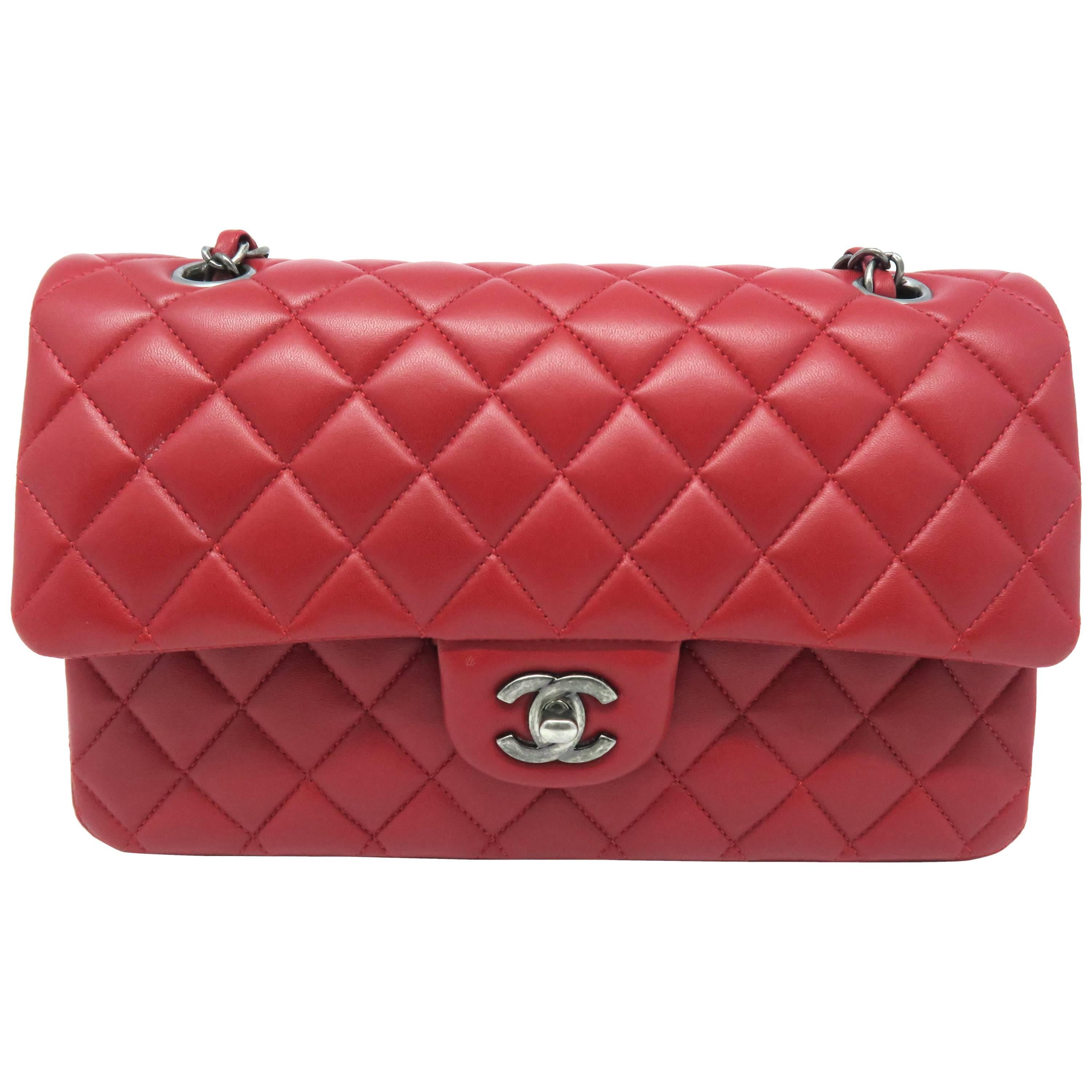 Chanel Classic Double Flap Red Lambskin Leather Silver Metal Shoulder Bag