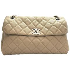 Chanel Grey Quilting Calfskin Leather Silver Metal Shoulder Bag