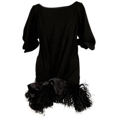 1970s Yves Saint Laurent Black Silk Dress with Marabou Feather Trim 11