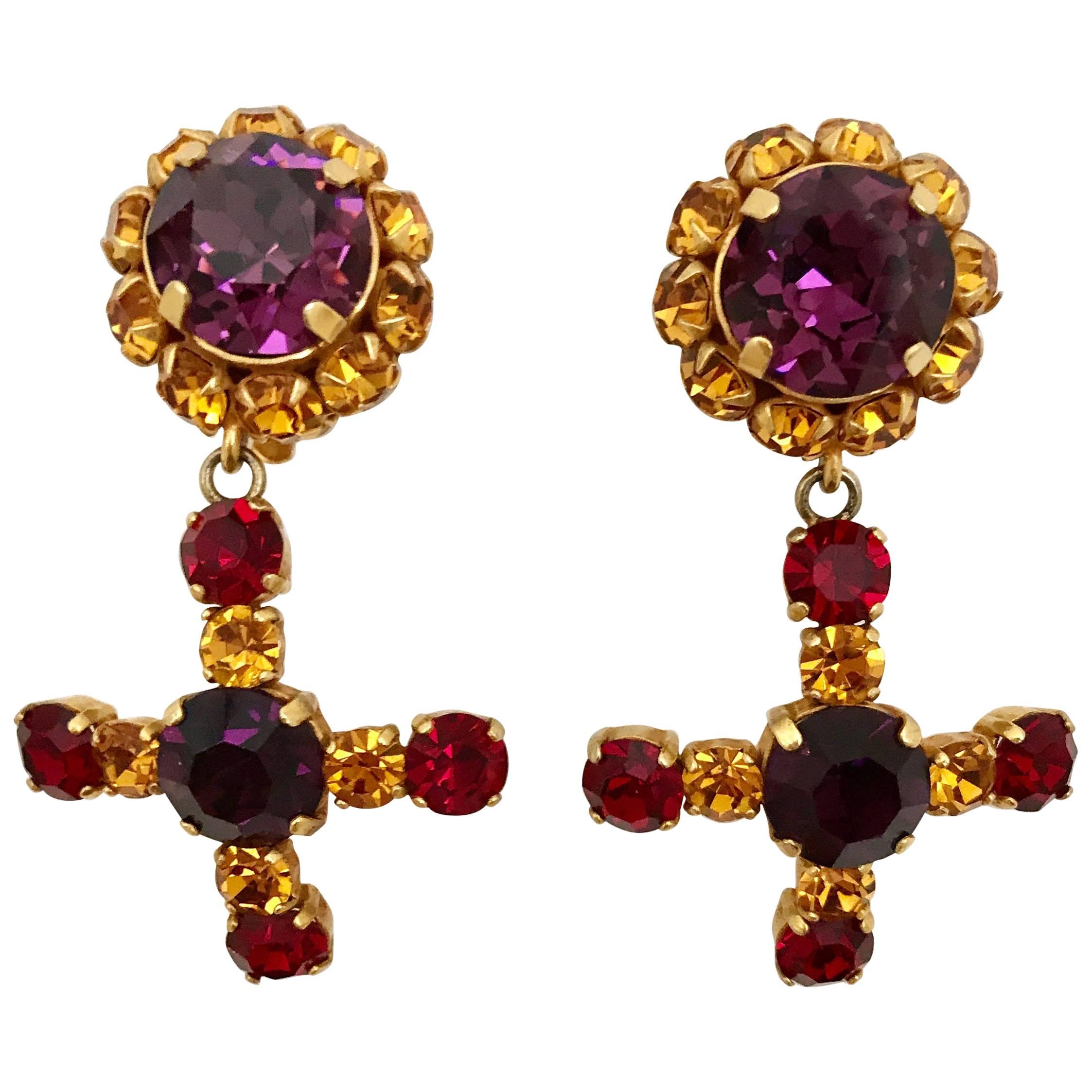1980s Dominique Aurientis Paris Purple and Amber Rhinestones Clip Earrings