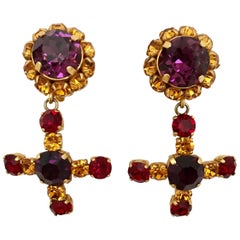 1980s Dominique Aurientis Paris Purple and Amber Rhinestones Clip Earrings