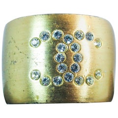 CHANEL Gold Tone and Rhinestone Logo and Heart Ring Size 6.5 2