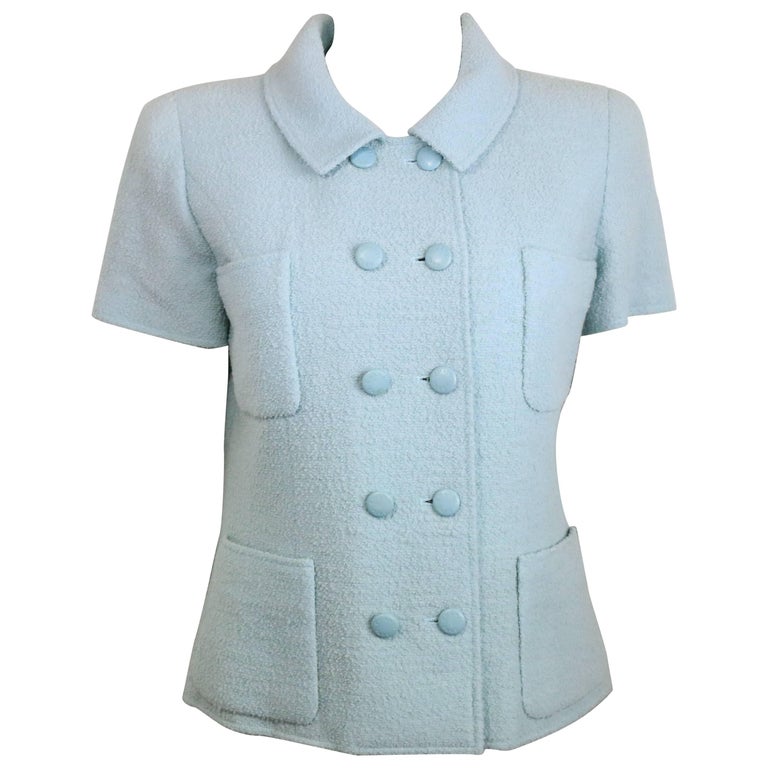 Chanel Baby Blue Boucle Wool Double Breasted Short Sleeves Jacket