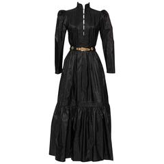70's GUY LAROCHE Black Silk Taffeta Boho Dress With Belt 6