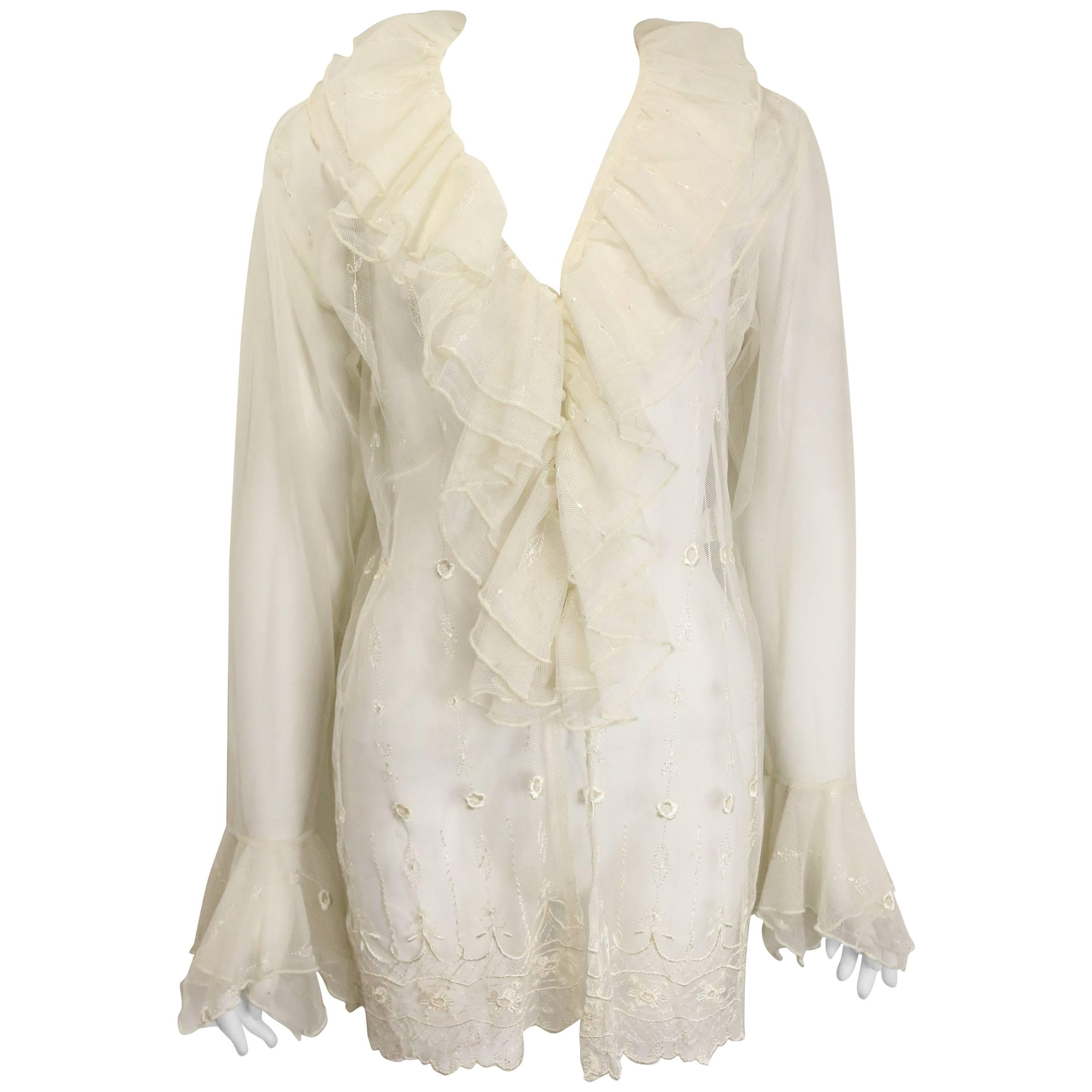 Nouvelle Couture Ivory Embroidered Ruffle Shirt  For Sale