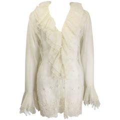 Vintage Nouvelle Couture Ivory Embroidered Ruffle Shirt 