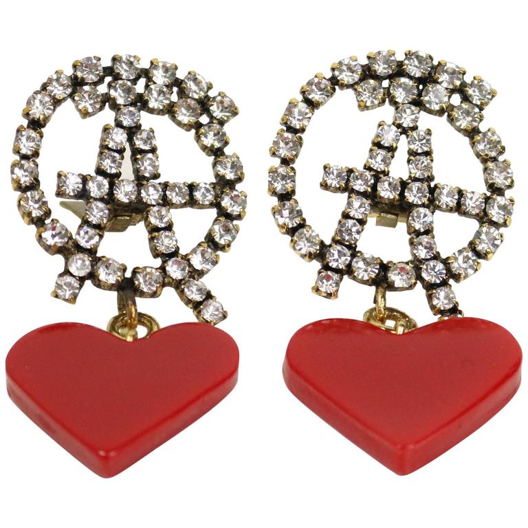 Moschino Anarchy Rhinestones With Drop Red Heart Shaped Clip On Moschino Anarchy Rhinestones With Drop Red Heart Shaped Clip On Earrings