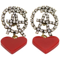 Moschino "Anarchy" Rhinestones with Drop Red Heart Shaped Clip On Earrings