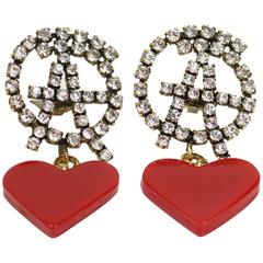 Moschino "Anarchy" Rhinestones with Drop Red Heart Shaped Clip On Earrings 11