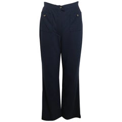 Chanel Navy Gold "CC" Buttons Wool Wild Legs Pants 