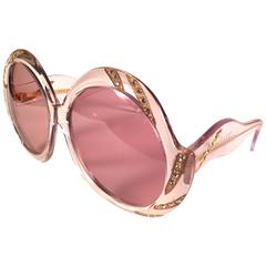 New Vintage Ultra Sudan Clear Rhinestones Rose Lens Oversized 1960's Sunglasses