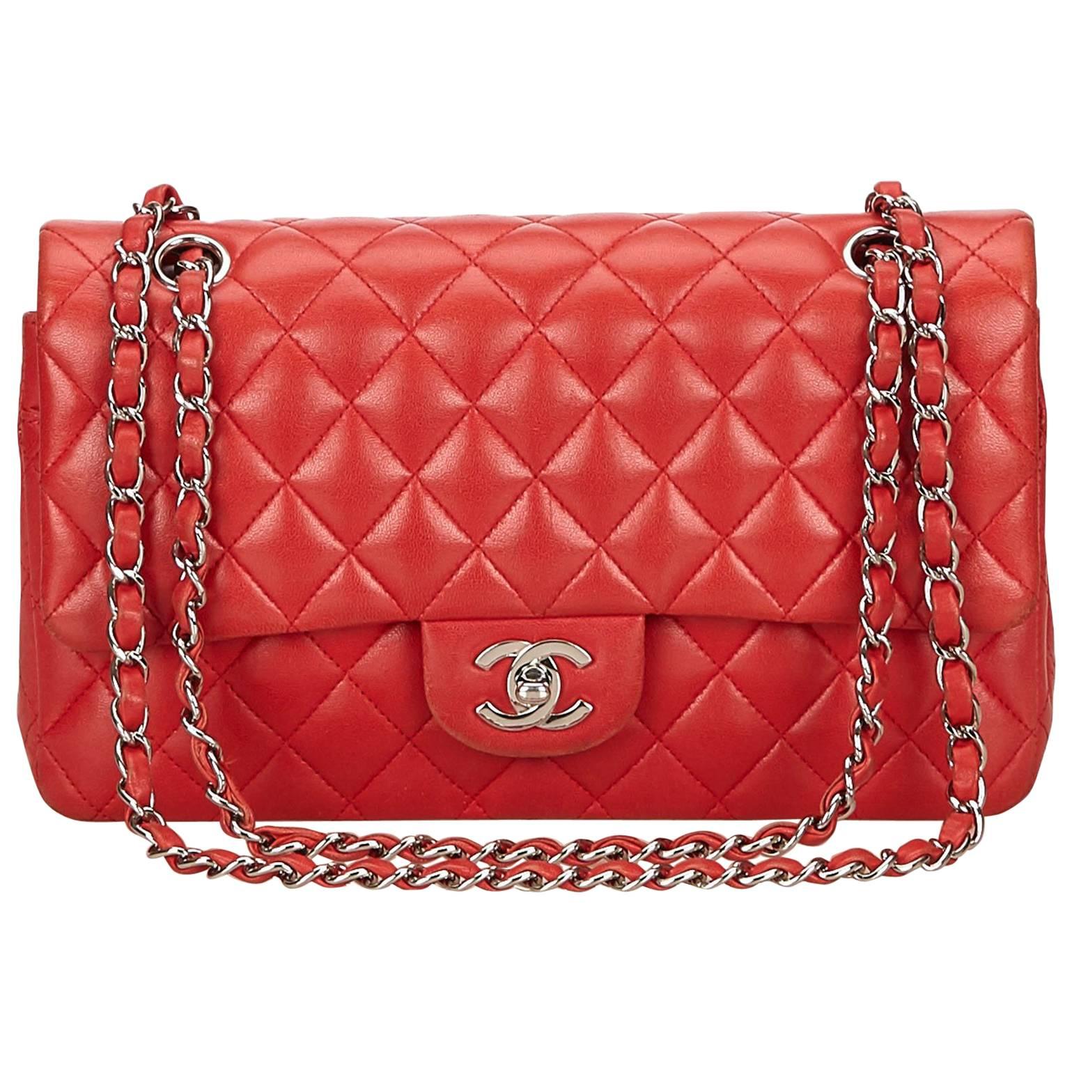Chanel Classic Medium Red Lambskin Leather Double Flap Bag 