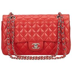 Chanel Red Quilted Lambskin Medium Classic Double Flap Bag Leather