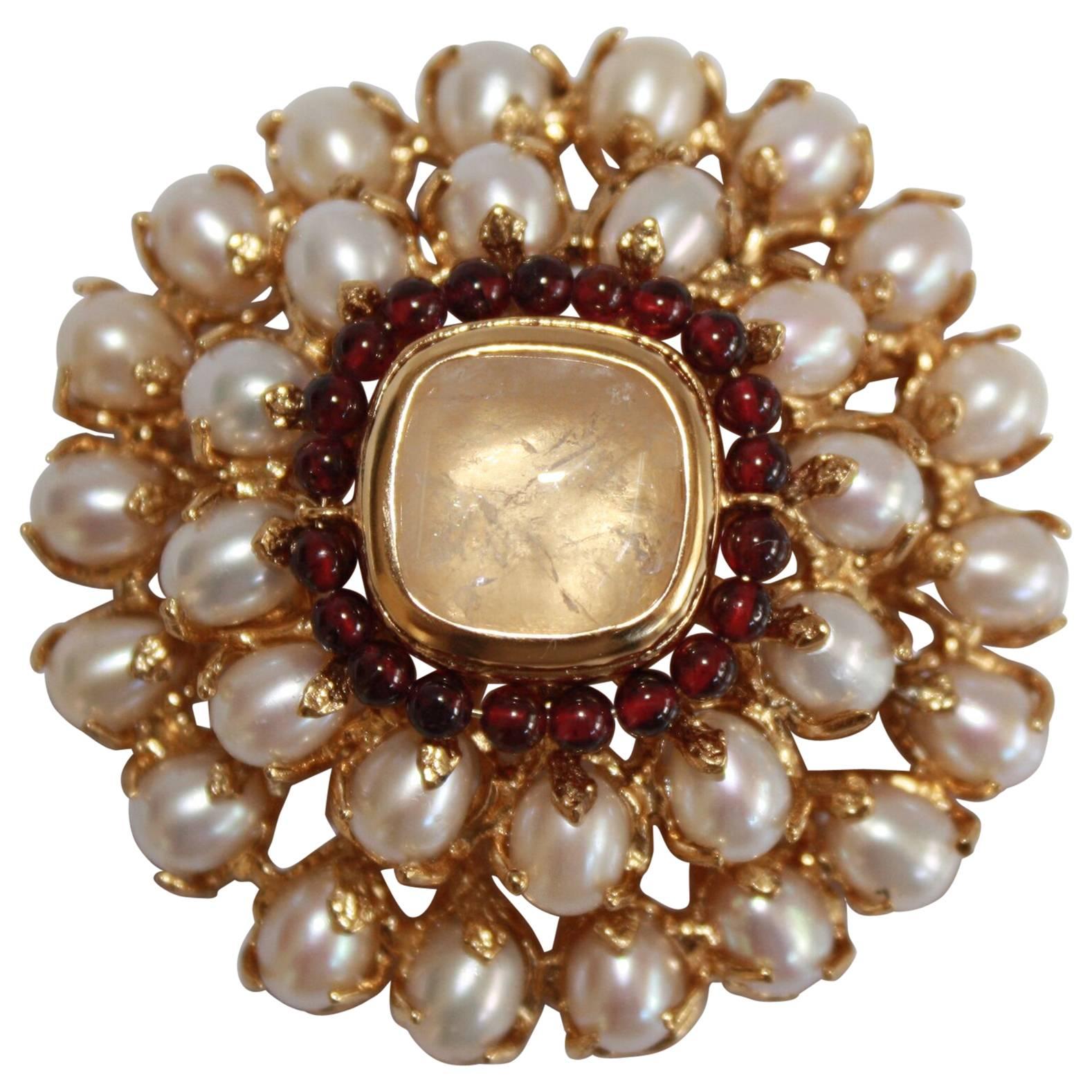 Goossens Paris Baroque Pearl, Garnet, and Rock Crystal Pin