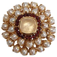 Goossens Paris Baroque Pearl, Garnet, and Rock Crystal Pin 1