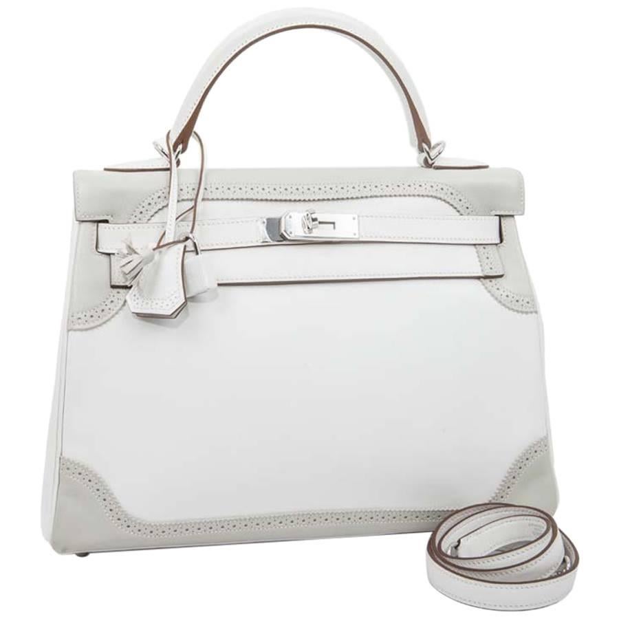 HERMES Kelly 32 Ghillies Bicolor Swift White and Pearl Gray Leather