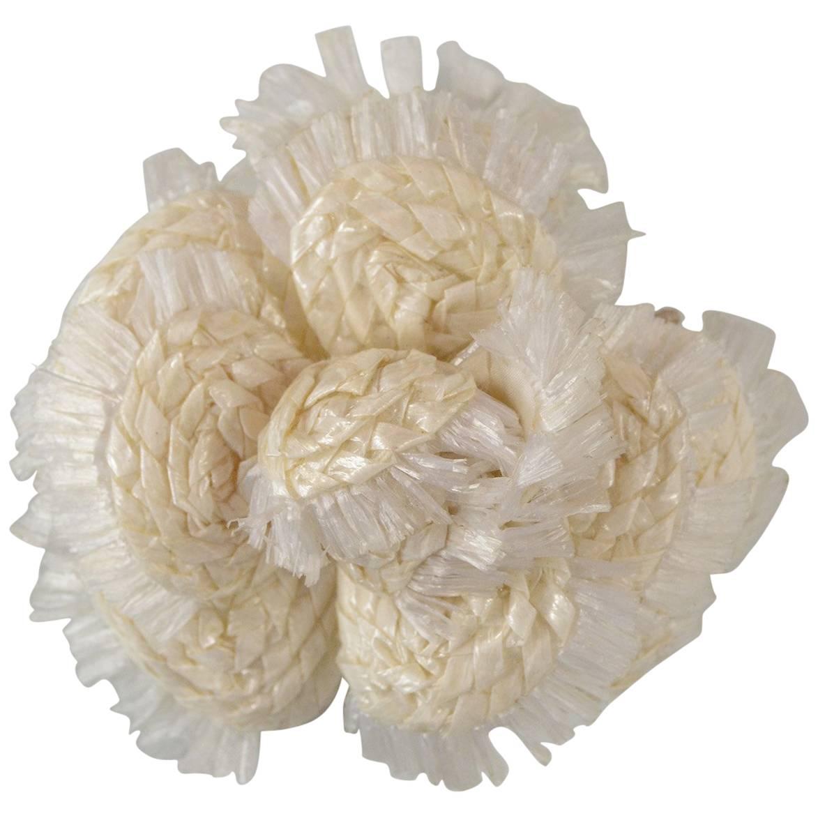 Chanel Ivory Raffia Camellia Brooch Pin