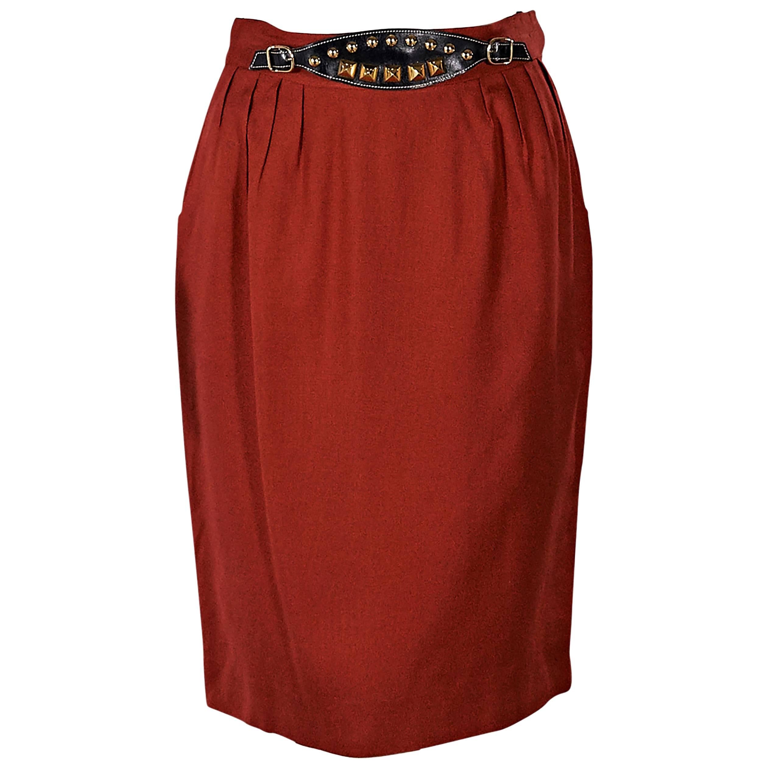 Red Vintage Hermès Belted Skirt