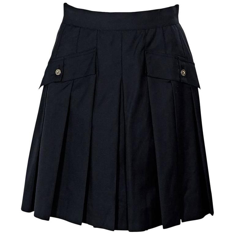Navy Blue Vintage Chanel Pleated Skirt For Sale at 1stdibs