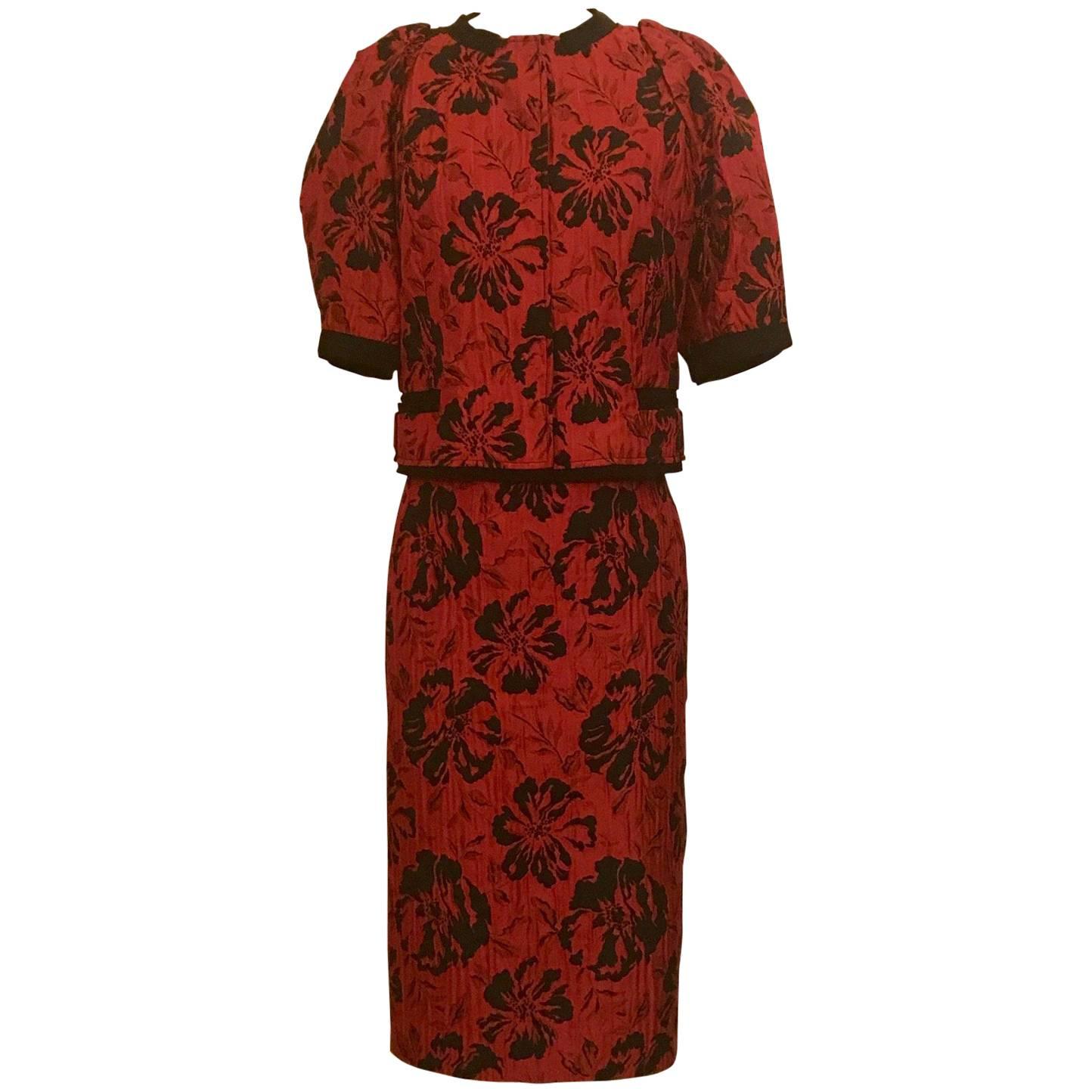Dolce & Gabbana Red and Black Hibiscus Floral Print Jacquard Skirt Suit