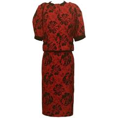 Dolce & Gabbana Red and Black Hibiscus Floral Print Jacquard Skirt Suit 8