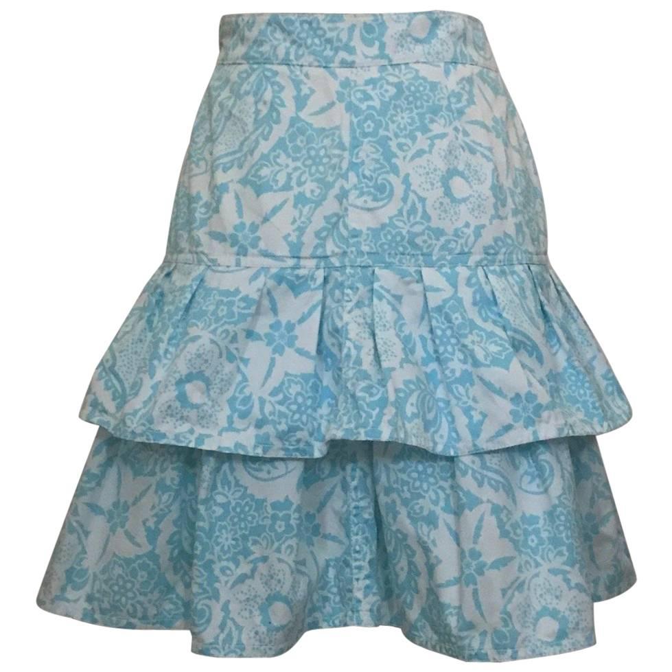 Oscar de la Renta White and Light Blue Floral Paisley Print Ruffle Skirt, 1990s 