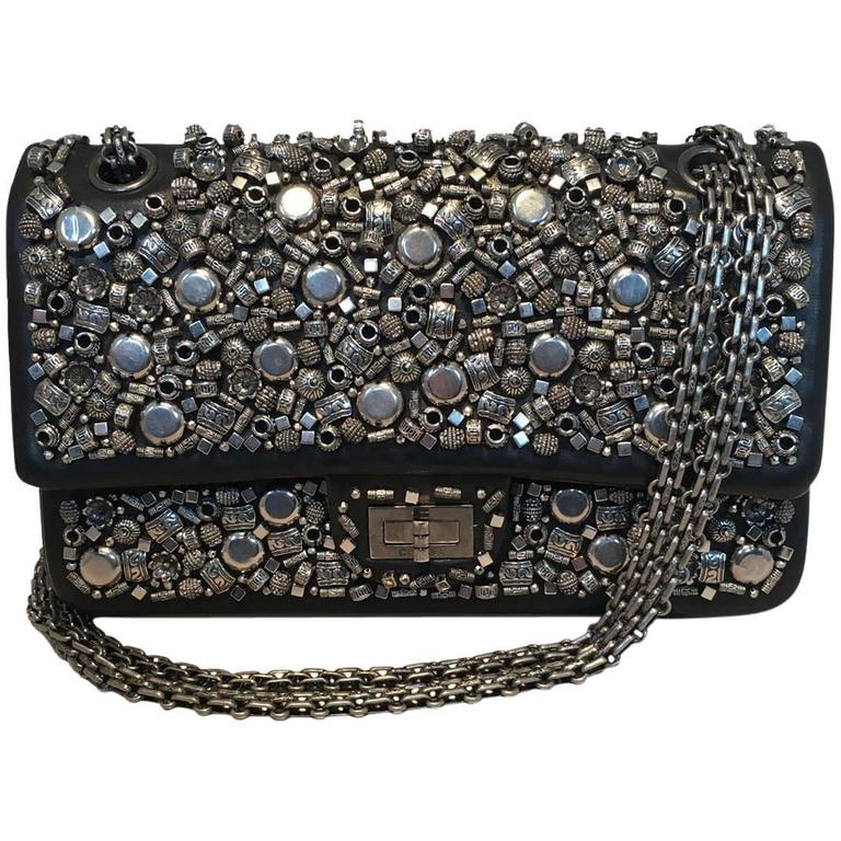 Chanel Black Leather Studded Classic Flap 2 55 Shoulder Bag For Chanel Black Leather Studded Classic Flap 2 55 Shoulder Bag For