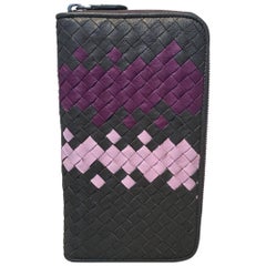 Bottega Veneta Woven Grey and Purple Leather Zip Wallet