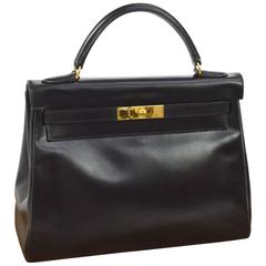 Hermes Vintage Black Leather Gold Kelly 32 Top Handle Satchel Bag in Dust Bag