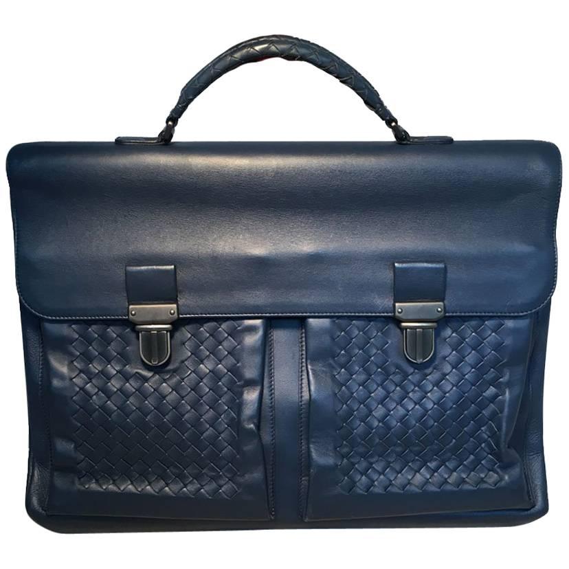 Bottega Veneta Navy Blue Leather Briefcase For Sale