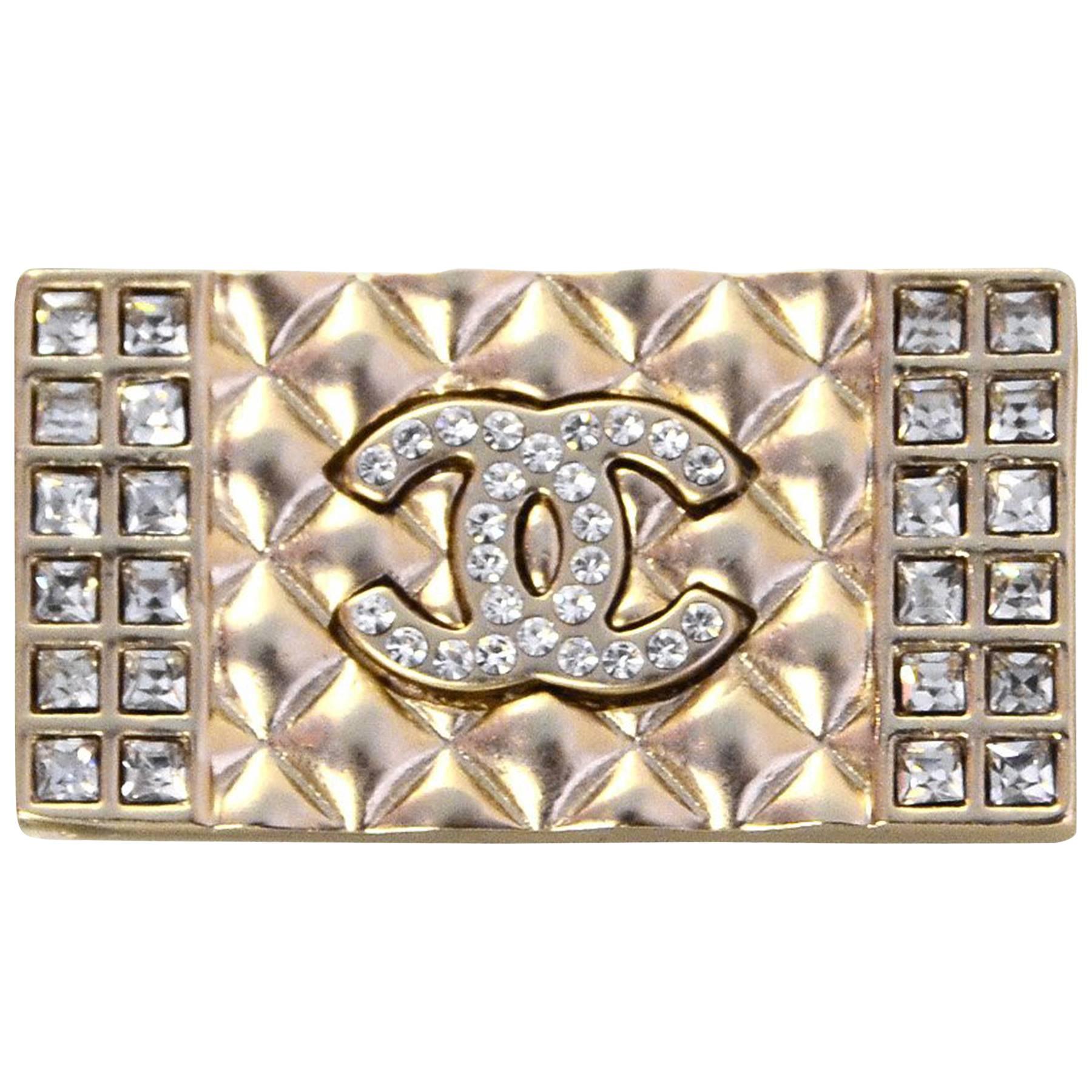 Chanel Pale Goldtone Quilted Pave Crystal CC Brooch Pin
