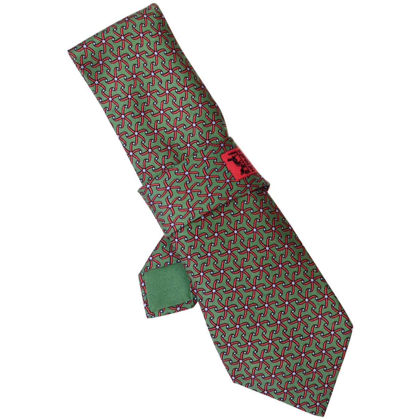 Hermes Green & Red Pin Wheel Print Silk Tie