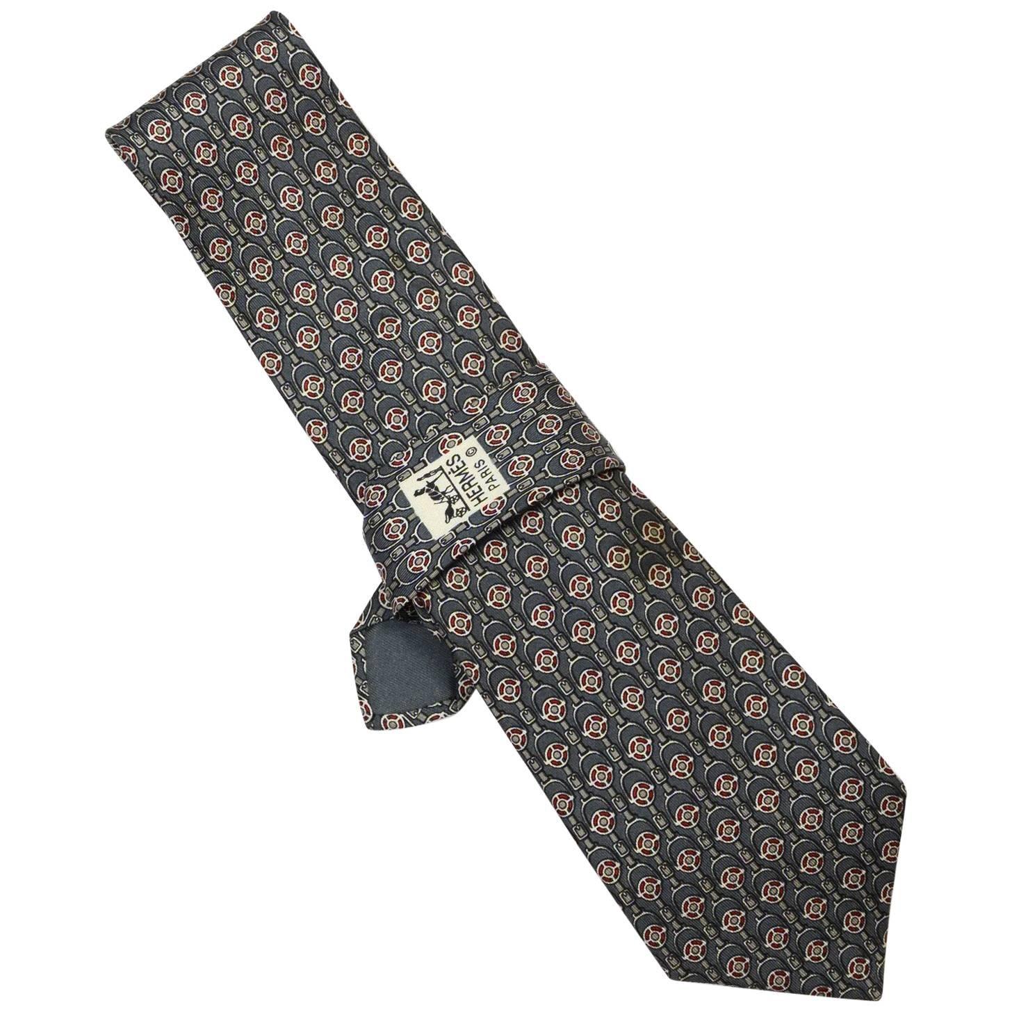 Hermes Slate Blue Stirrup Print Silk Tie