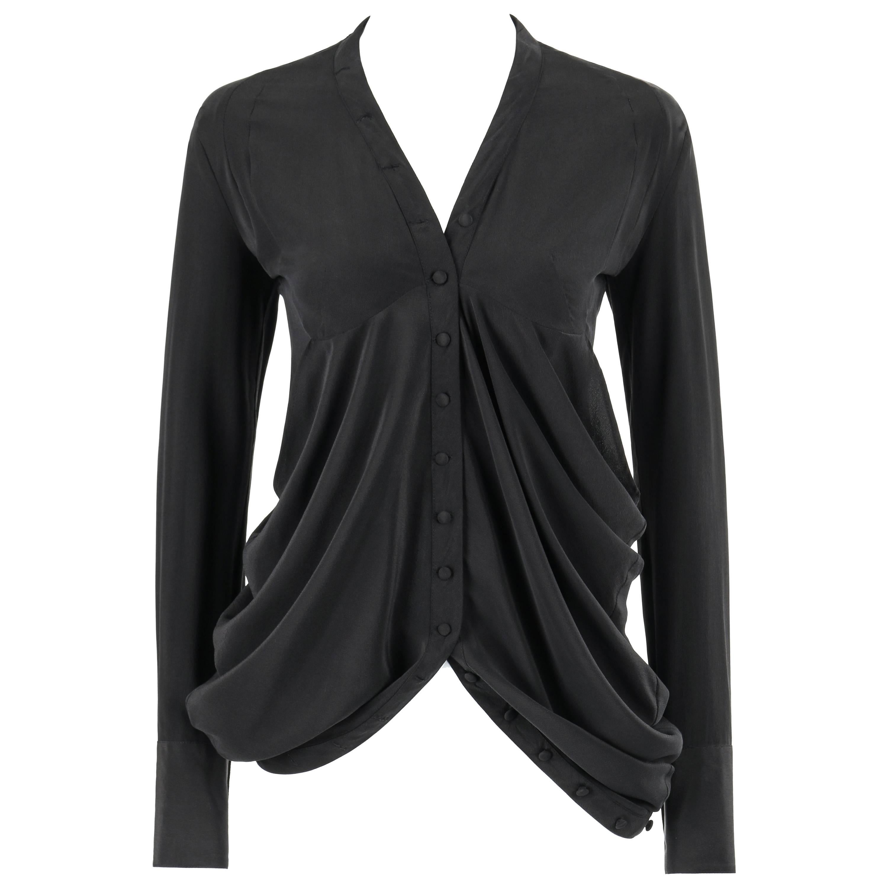 BALENCIAGA A/W 2009 Black Silk Asymmetrical Draped Button Front Blouse ...