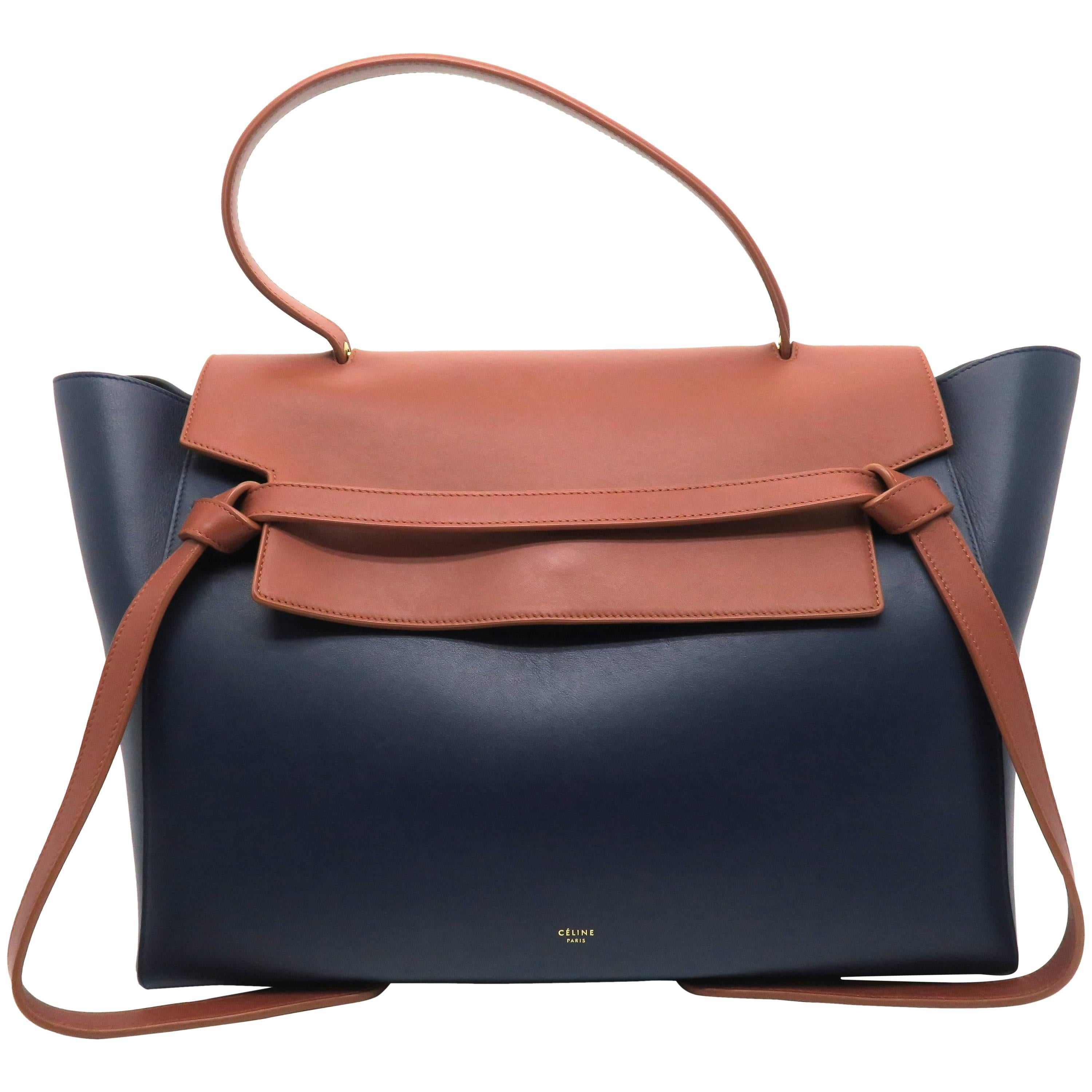 Celine Belt Bag Blue/ Brown Calfskin Leather Handbag For Sale
