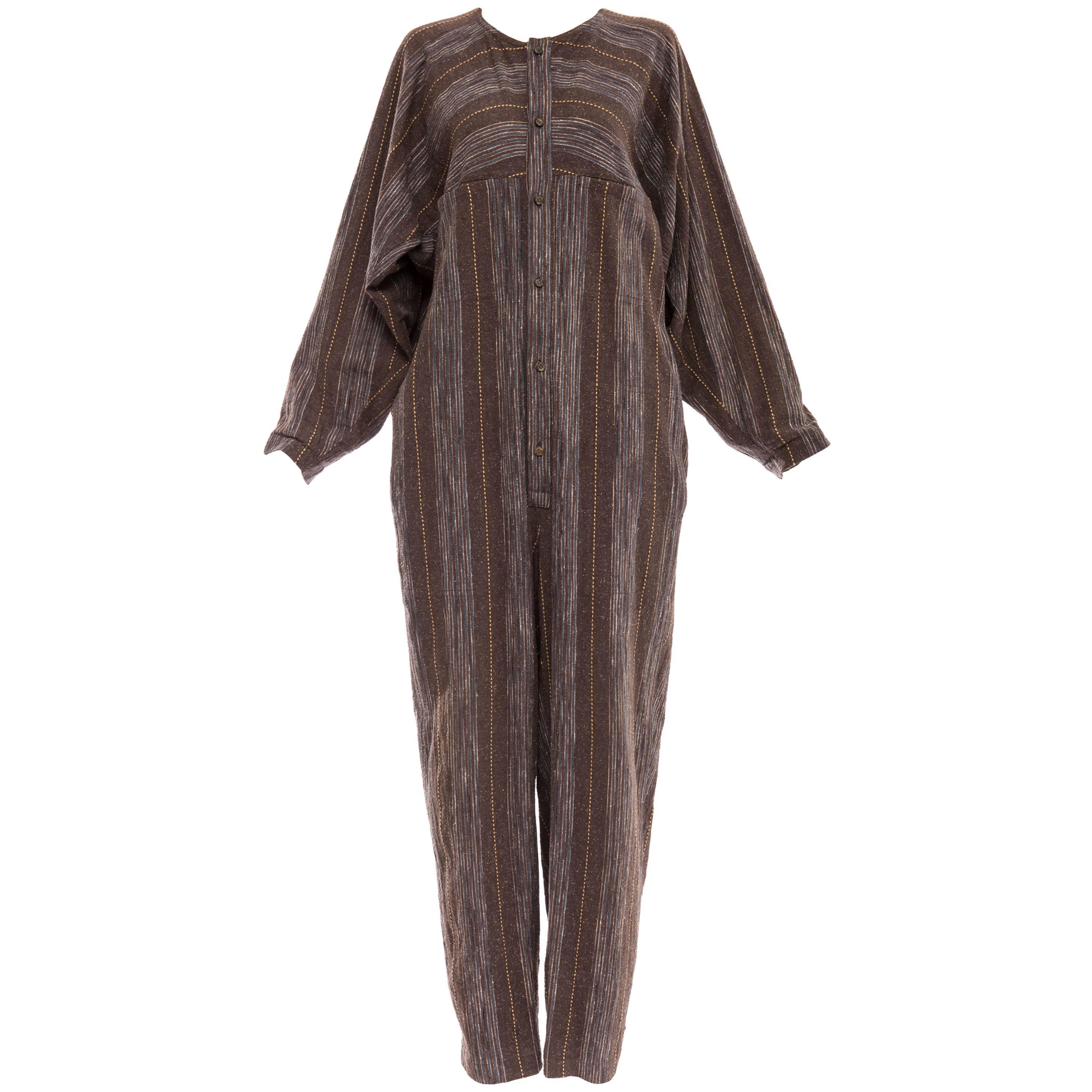 Issey Miyake Plantation Striped Woven Cotton Jumpsuit, Circa 1980s For Sale