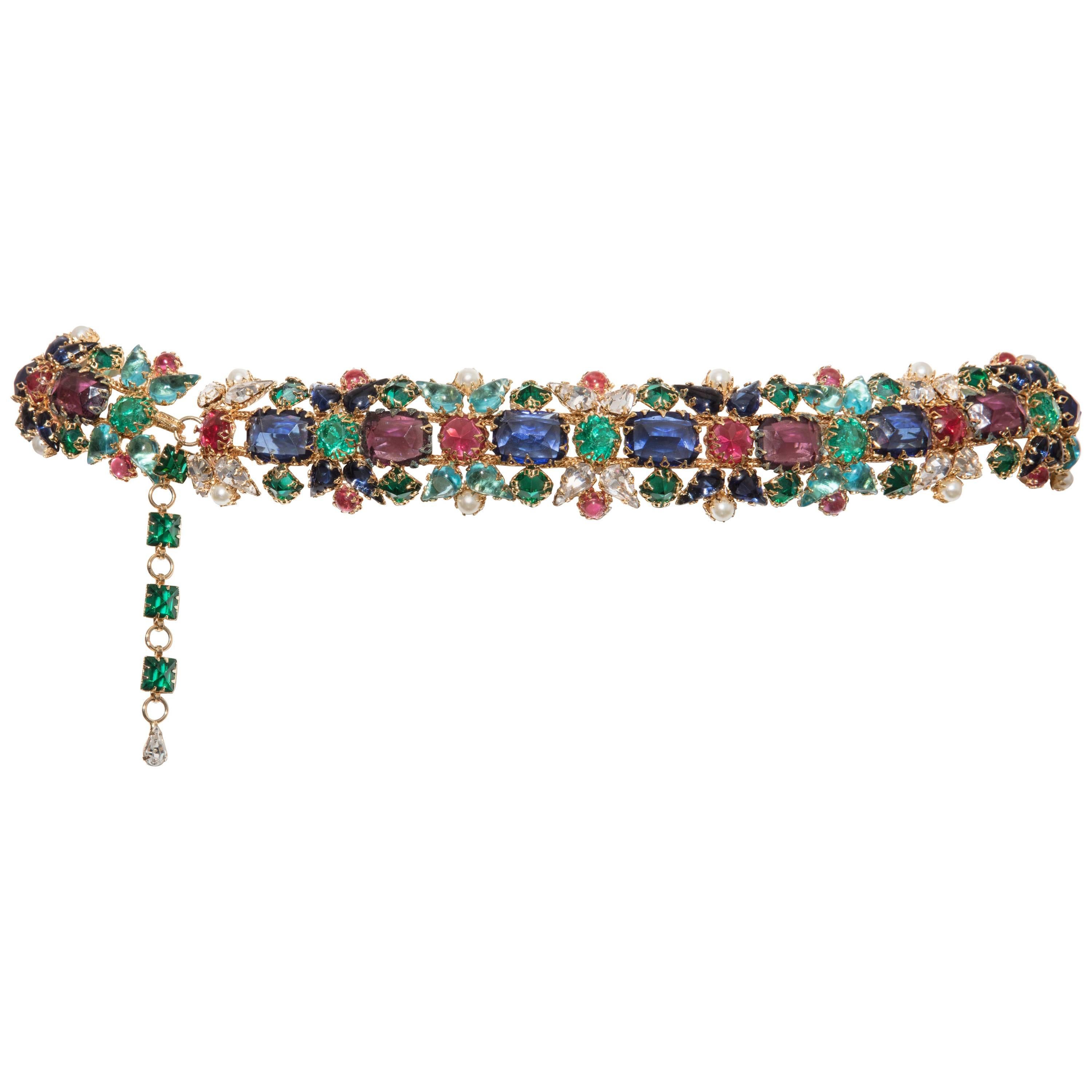 Multifaceted Multicolored Jeweled With Pearls Evening Belt