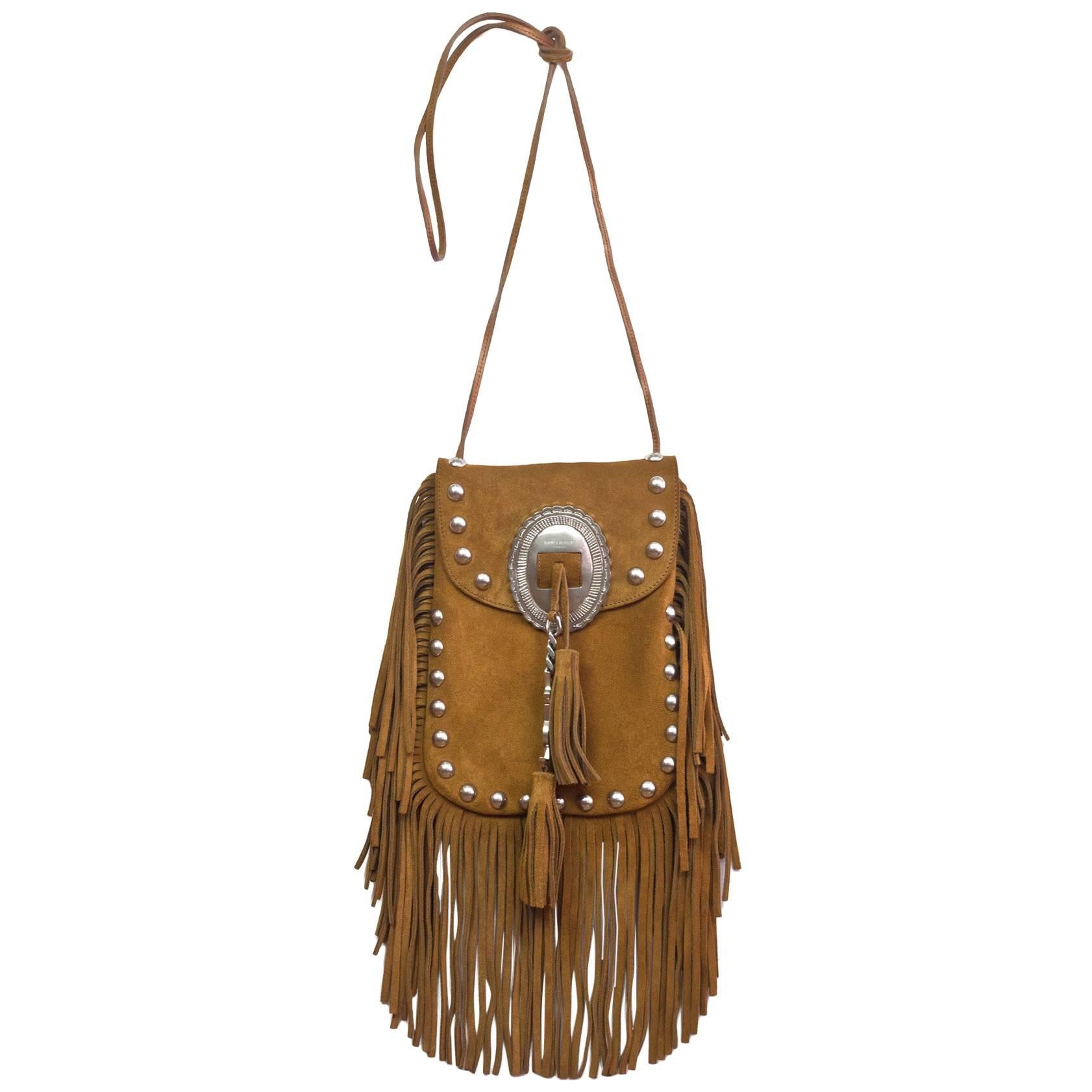 Saint Laurent Tan Suede Anita Fringe Crossbody Bag with Dust Bag