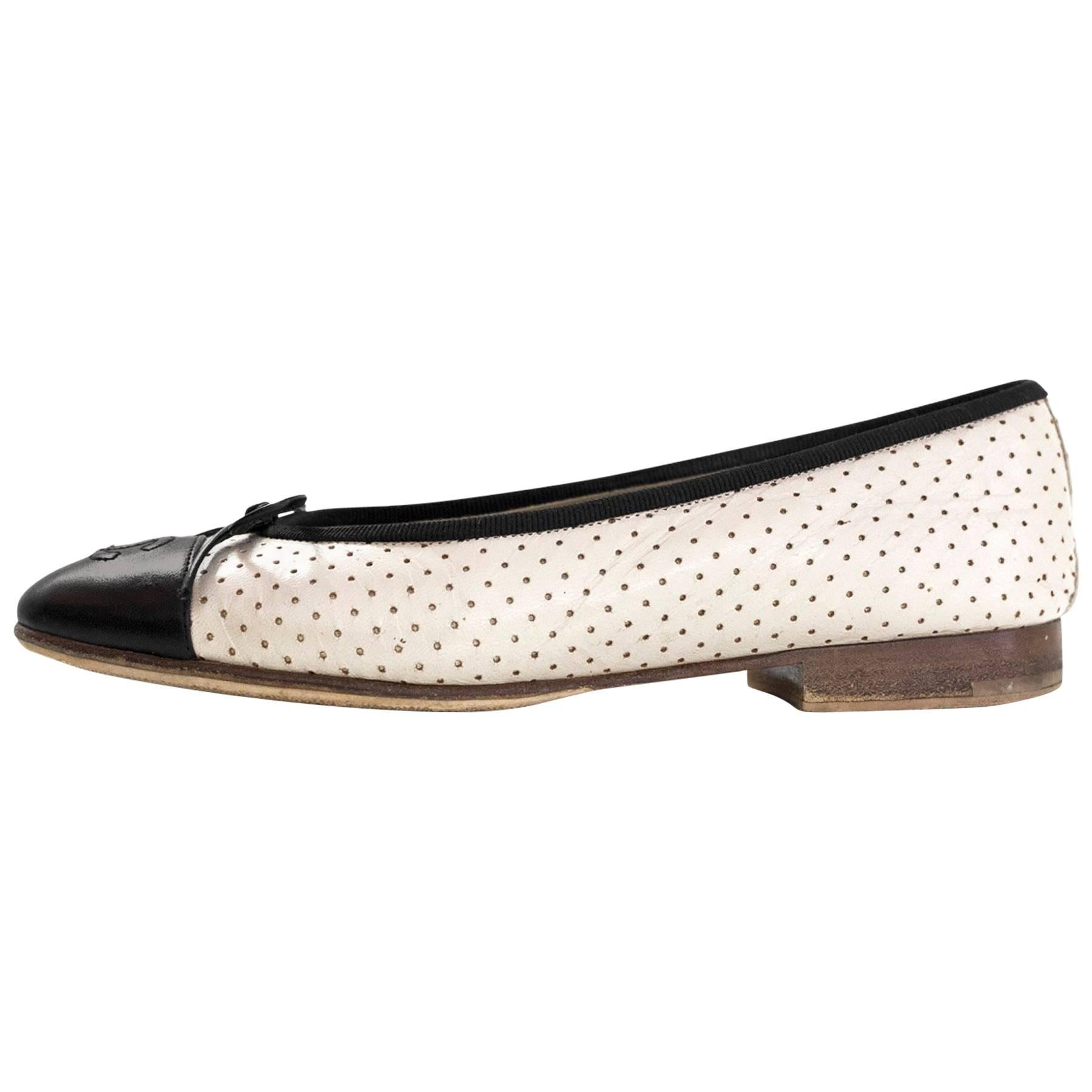 Chanel Beige & Black Perforated Ballet Flats Sz 36 with Box