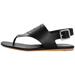 Hermes Black Leather Perforated H Thong Sandals Sz 36 with Box