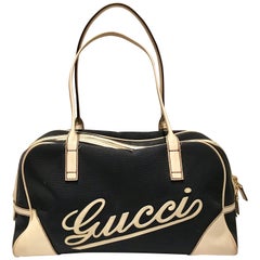 Gucci Canvas & Leather Script Logo "Bowler" Hand Bag