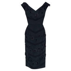 1955 Antonelli Italian Couture Black Embroidered Applique Silk Cocktail Dress