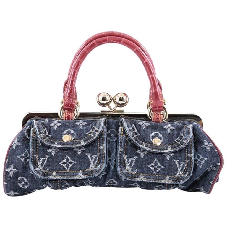 Louis Vuitton Sac Fermoir Handbag Denim with Alligator GM