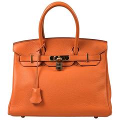 Vintage Hermes Orange Grained Clemence Leather "Birkin 30" Satchel Tote Bag